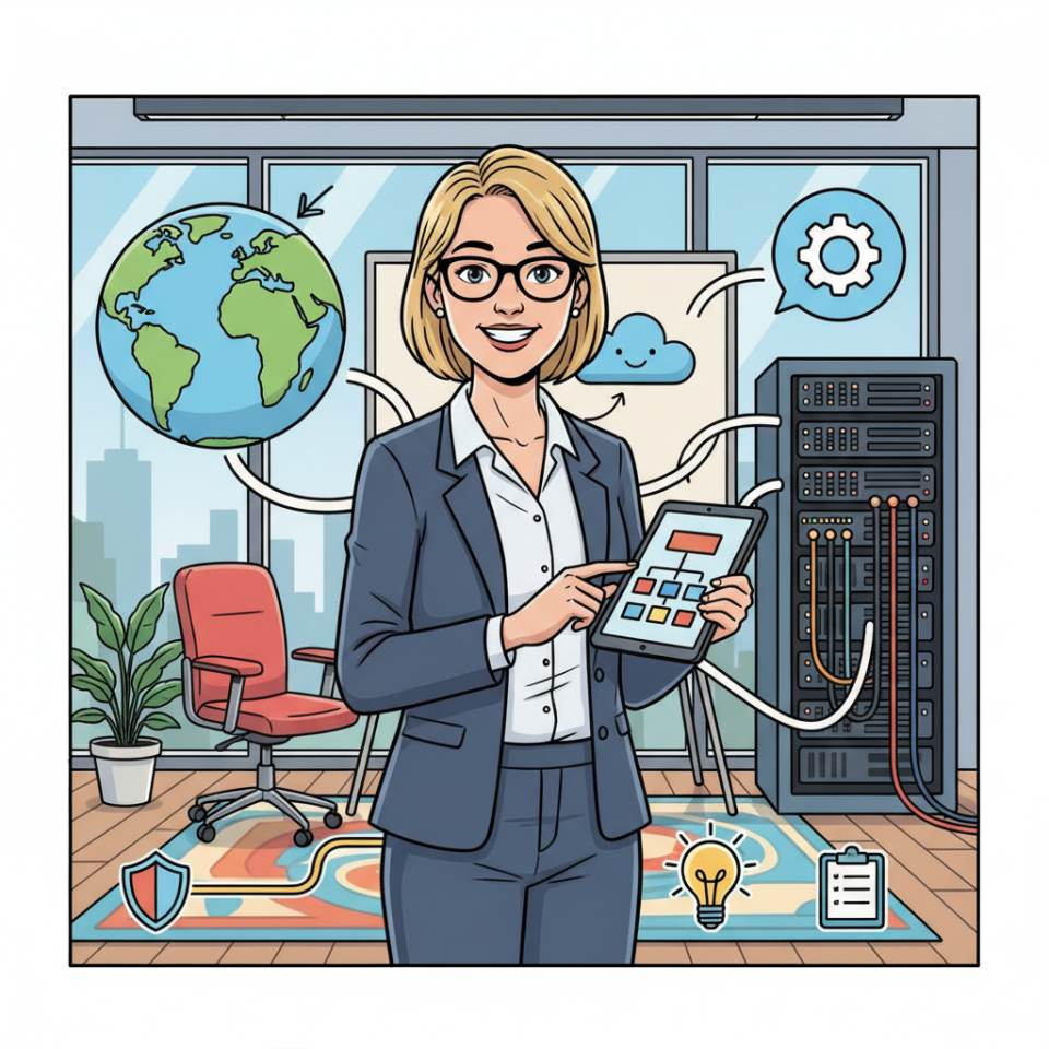 Comic-Darstellung einer Assistentin am Schreibtisch mit Laptop, Kalender, Telefon und geordneten Unterlagen
