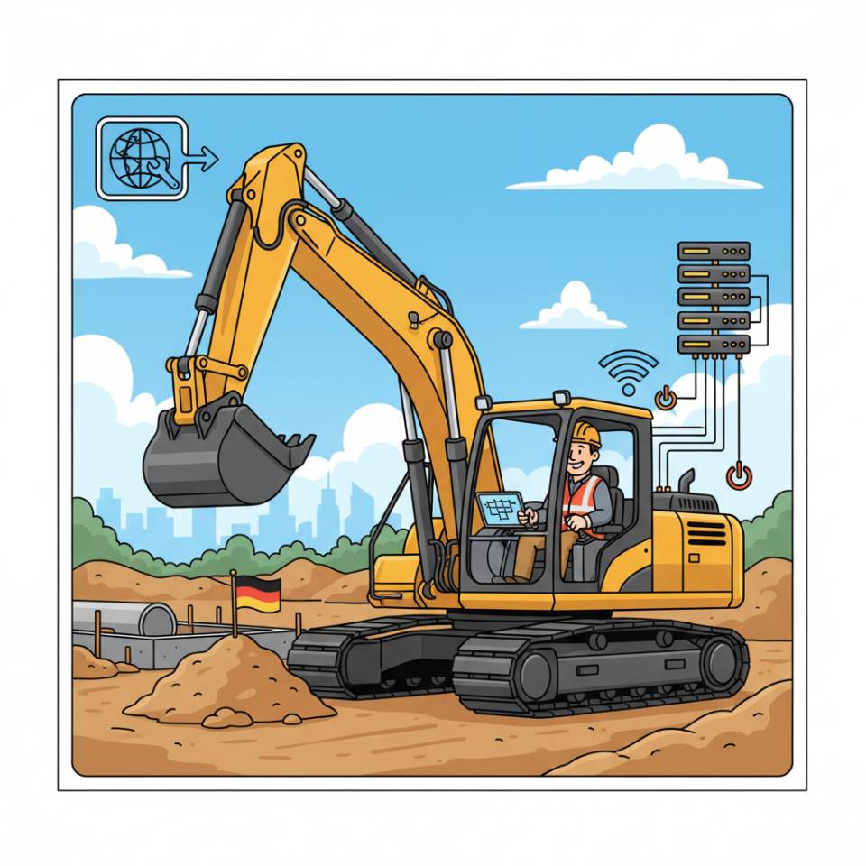 Comic-Darstellung eines Baggerfahrers in der Kabine eines Hydraulikbaggers auf einer Erdbaustelle mit Aushub und Baugrube