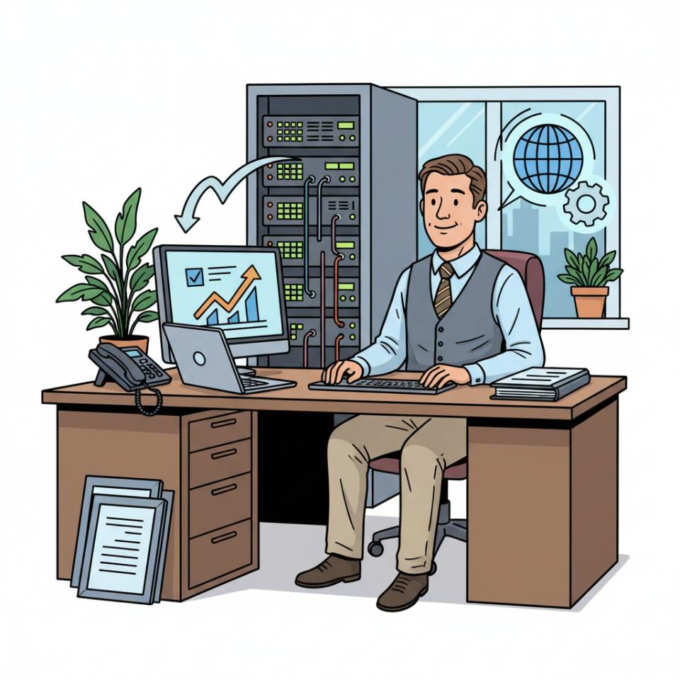 Comic-Darstellung eines Bürokaufmanns am Schreibtisch mit Laptop, Aktenordnern und Terminkalender