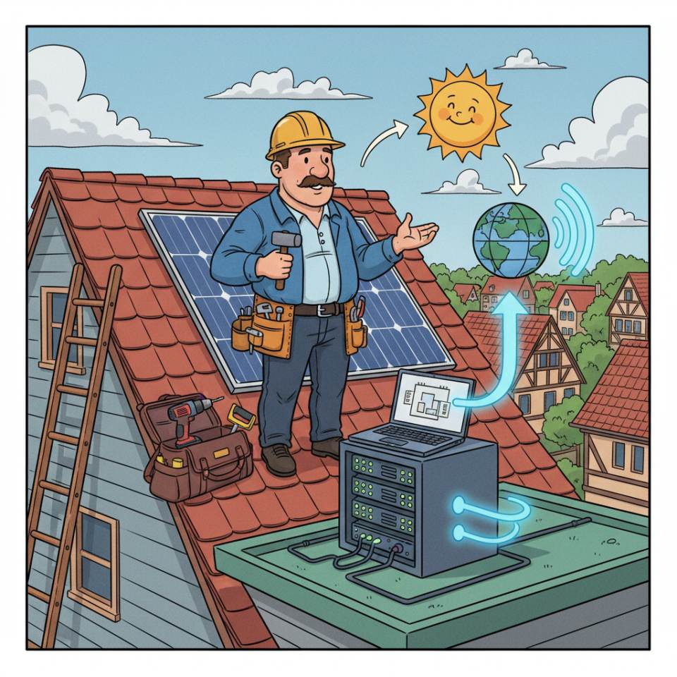 Comic-Darstellung eines Dachdeckers mit Helm und Dachziegeln auf einem Steildach