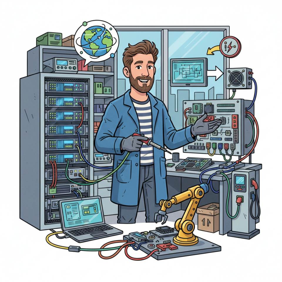 Comic-Darstellung eines Elektronikers mit Werkzeug und Schaltschrank an einer elektrischen Anlage