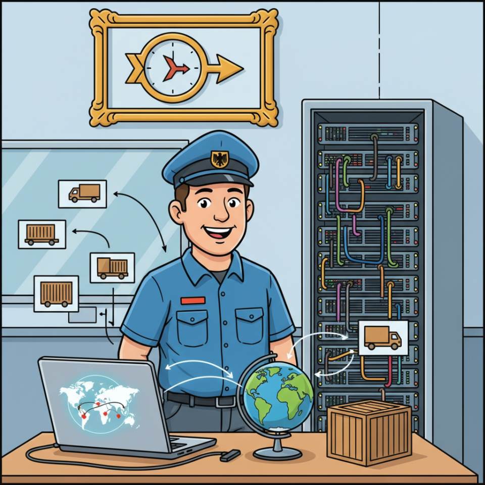 Comic-Darstellung eines Fahrers mit Lkw und Straßenkarte vor einer Landstraße