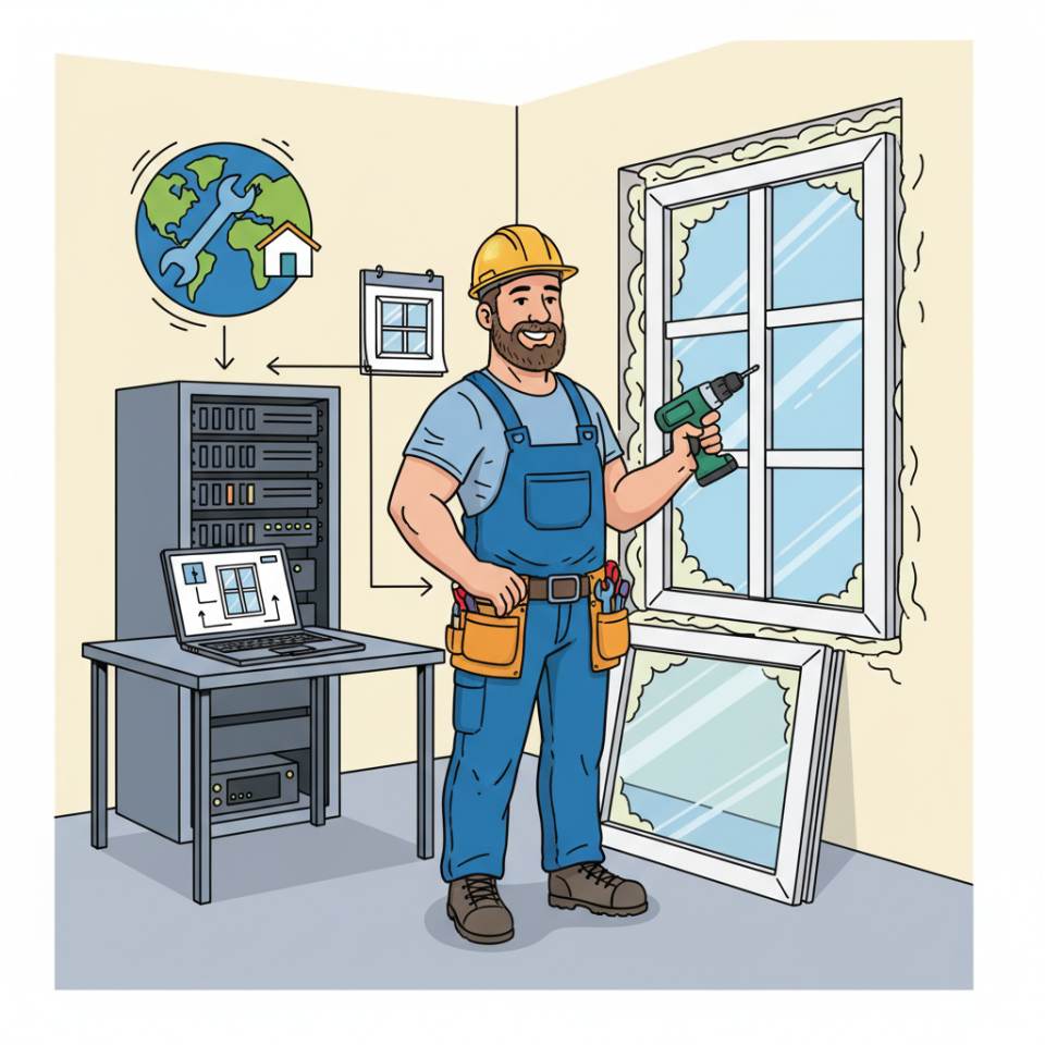 Comic-Darstellung eines Fenstermonteurs mit Helm beim Einsetzen eines Fensters an einer Fassade