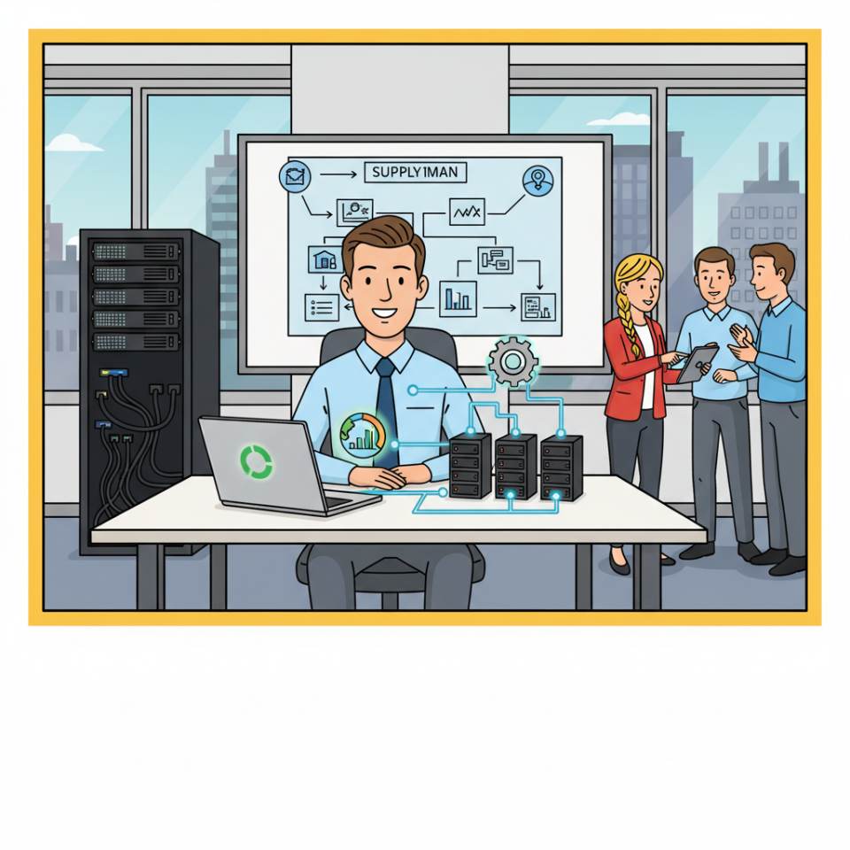 Comic-Darstellung eines Industriekaufmanns mit Laptop, Auftragsmappe und Diagrammen vor einer modernen Produktionshalle