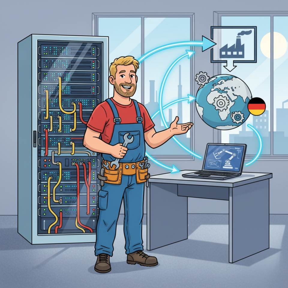 Comic-Darstellung eines Industriemechanikers mit Schutzhelm und Werkzeug an einer Produktionsmaschine in der Werkhalle