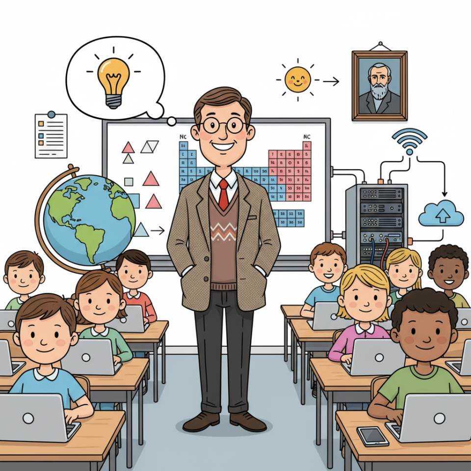 Comic-Darstellung eines Lehrers mit Tafel, Büchern und Klasse im Klassenzimmer