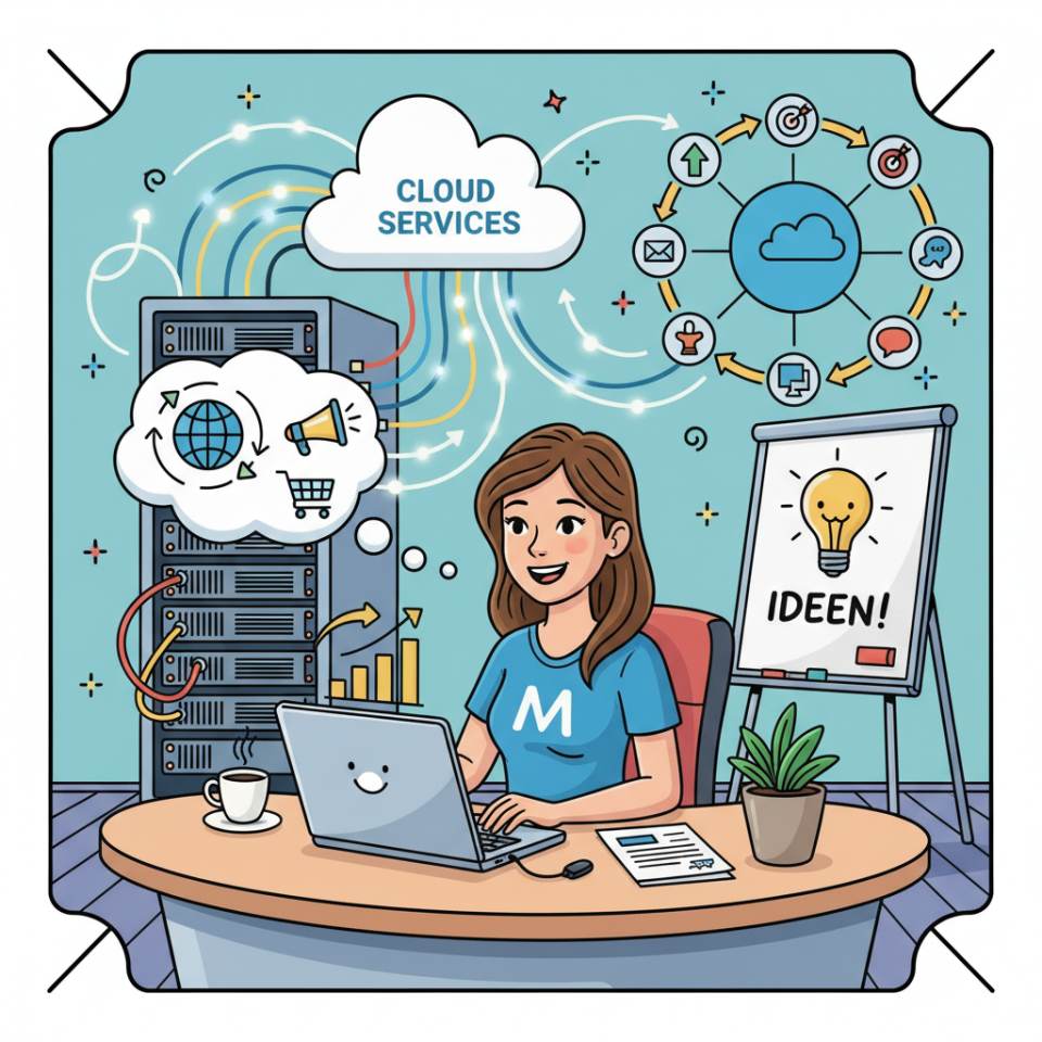 Comic-Darstellung einer Marketingfachkraft mit Laptop, Kampagnenboards und Social-Media-Icons an einem modernen Schreibtisch