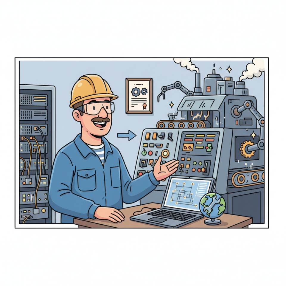 Comic-Darstellung eines Maschinenführers mit Gehörschutz und Sicherheitsweste an einer laufenden Produktionsmaschine in der Werkhalle