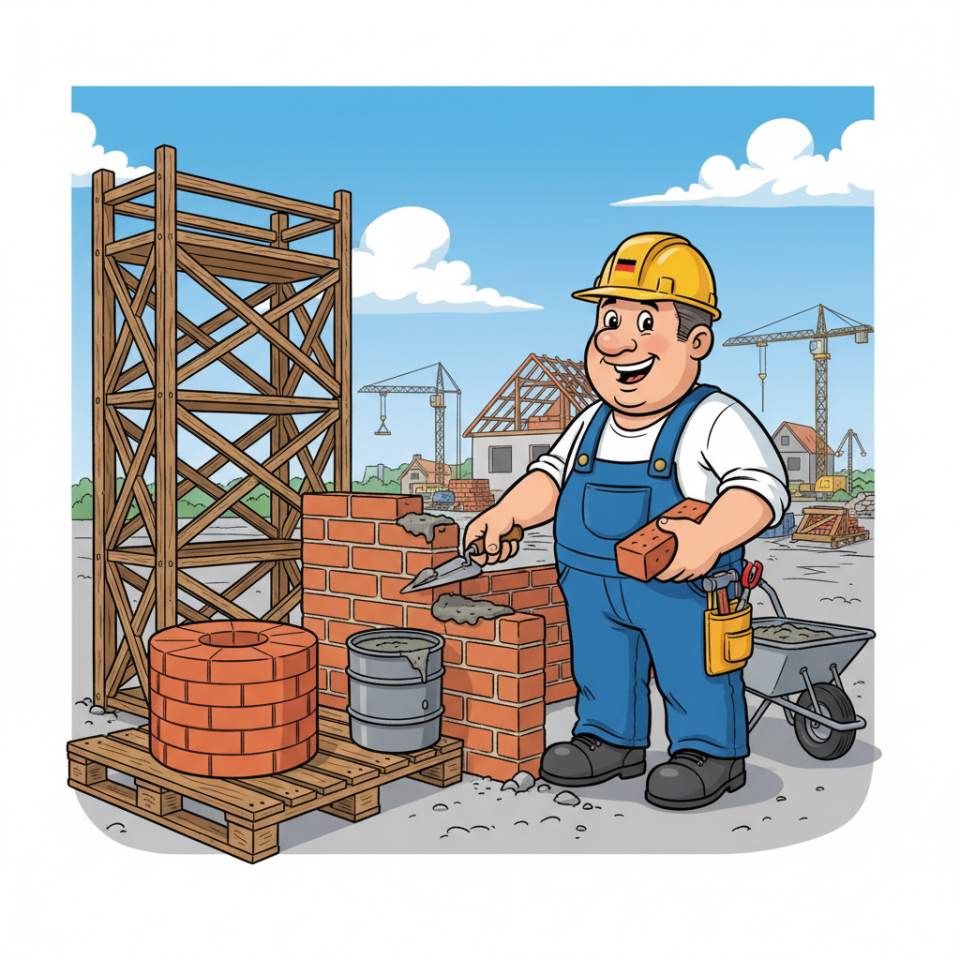 Comic-Darstellung eines Maurers mit Kelle und Mauersteinen beim Errichten einer Wand auf einer Baustelle