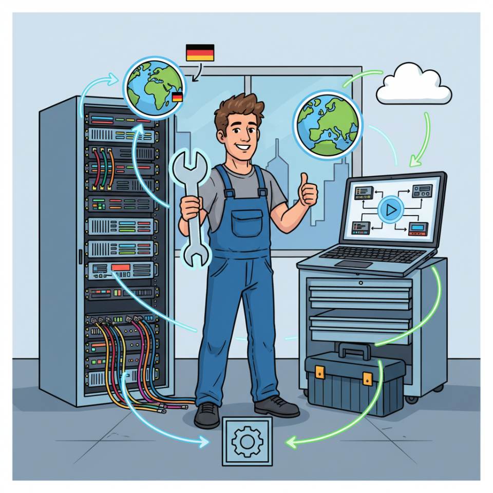 Comic-Darstellung eines Monteurs mit Helm und Werkzeug beim Zusammenbau einer Baugruppe in der Werkhalle