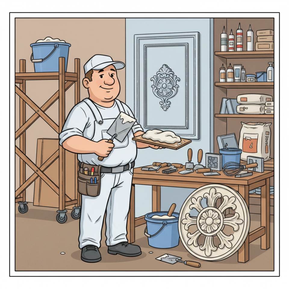 Comic-Darstellung eines Stuckateurs mit Kelle und Putzmörtel beim Verputzen einer Wand auf einer Baustelle
