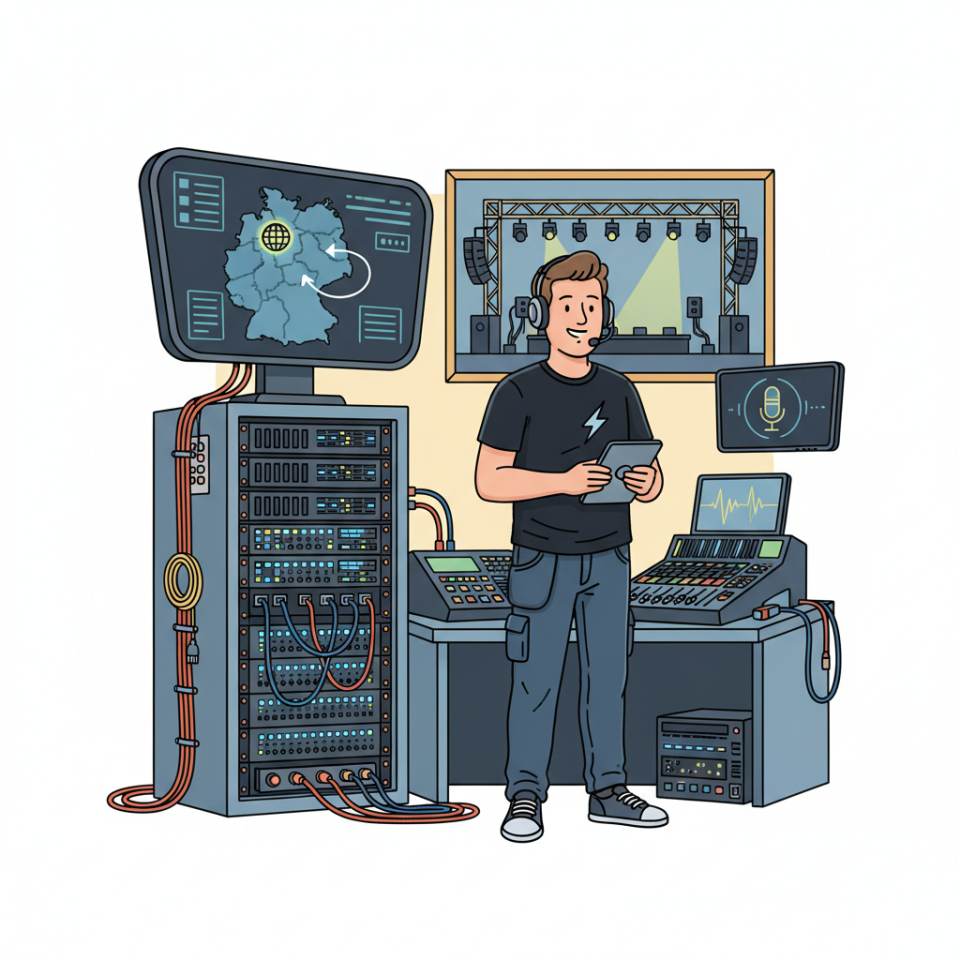 Comic-Darstellung eines Veranstaltungstechnikers mit Headset an einer Licht- und Tonanlage auf einer Bühne