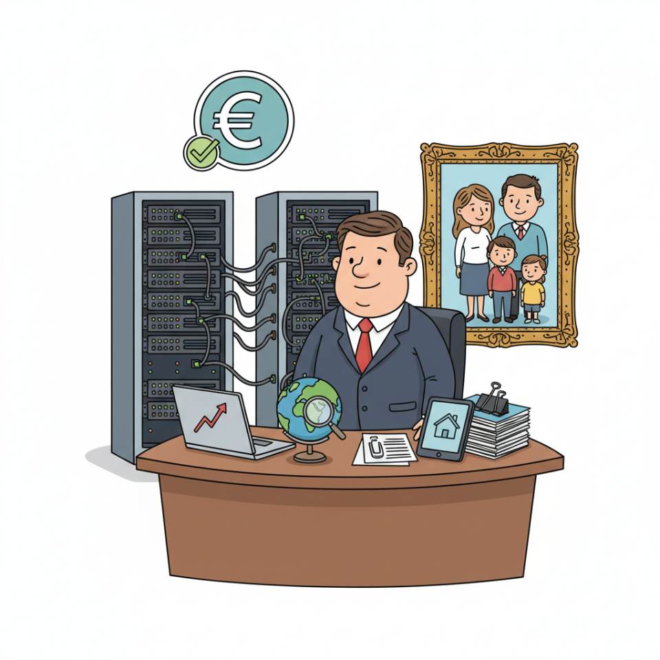 Comic-Darstellung eines Versicherungskaufmanns am Schreibtisch mit Laptop, Vertragsunterlagen und Kundenberatung