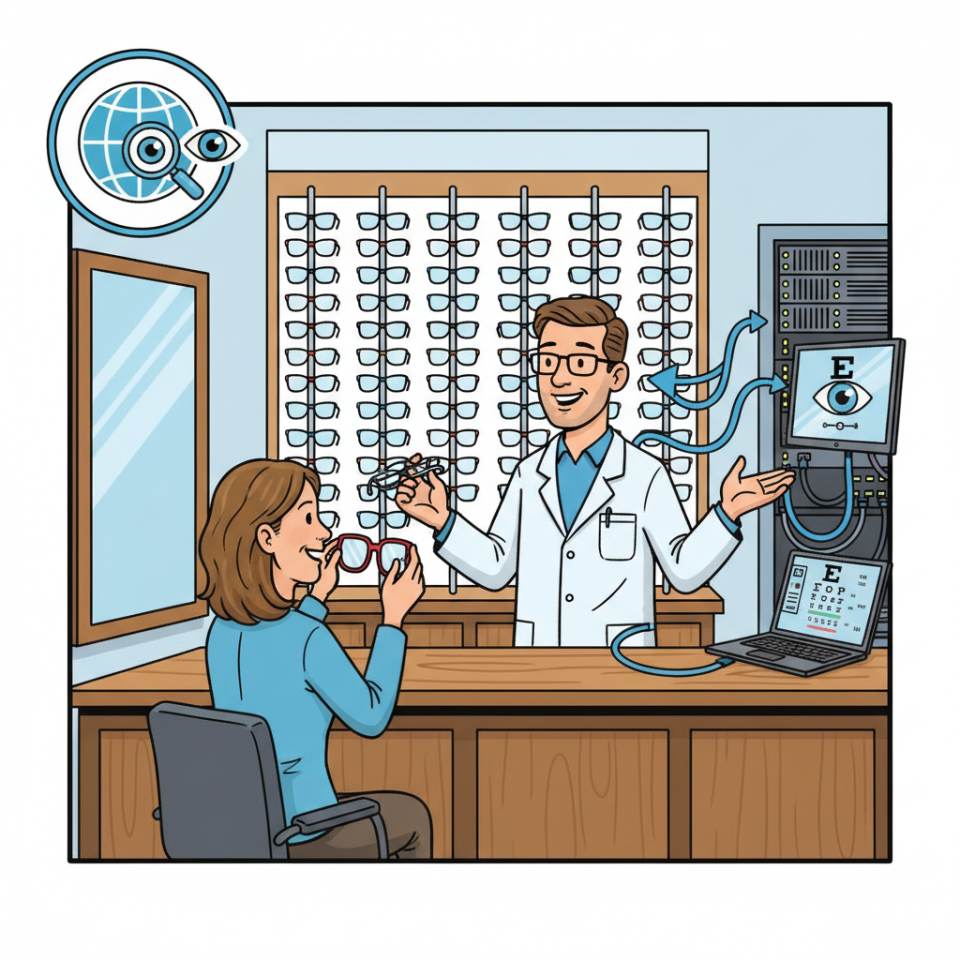 Comic illustration of an Augenoptiker with glasses, measuring device and contact lenses at the consultation desk in a specialist store