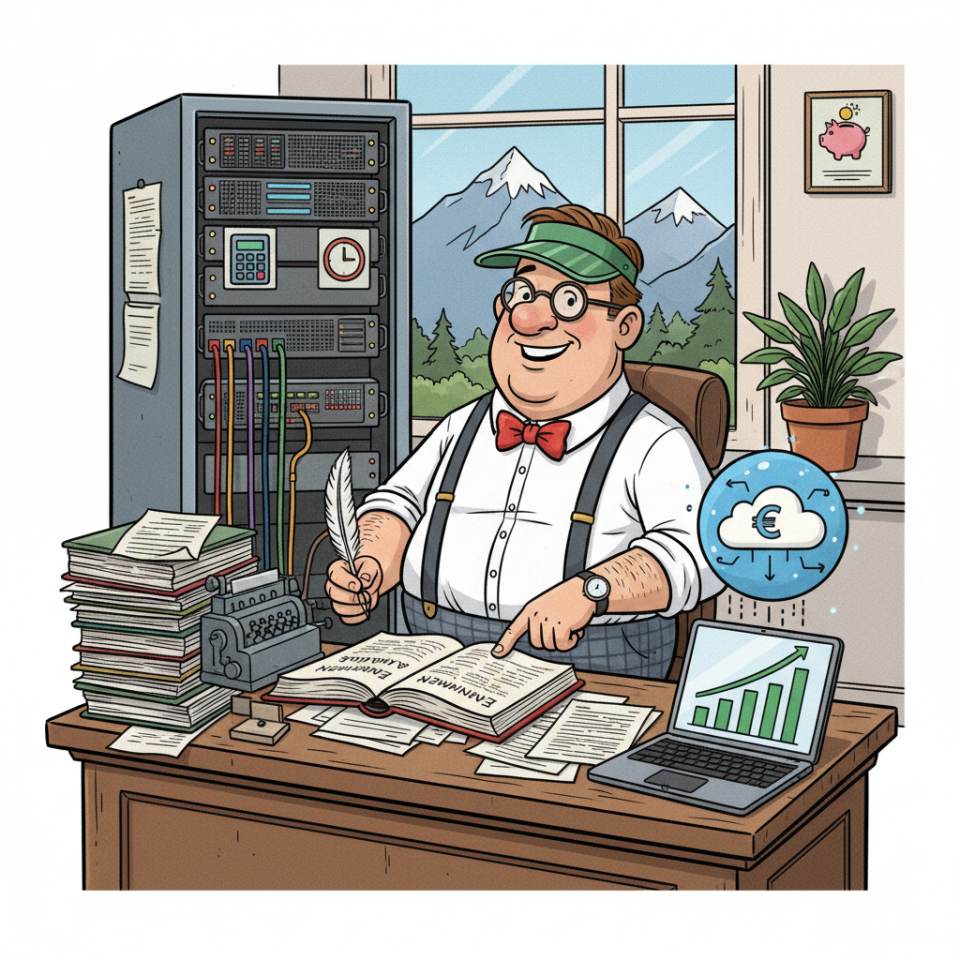 Comic illustration of a bookkeeper at a desk with receipts, calculator and accounting software on screen