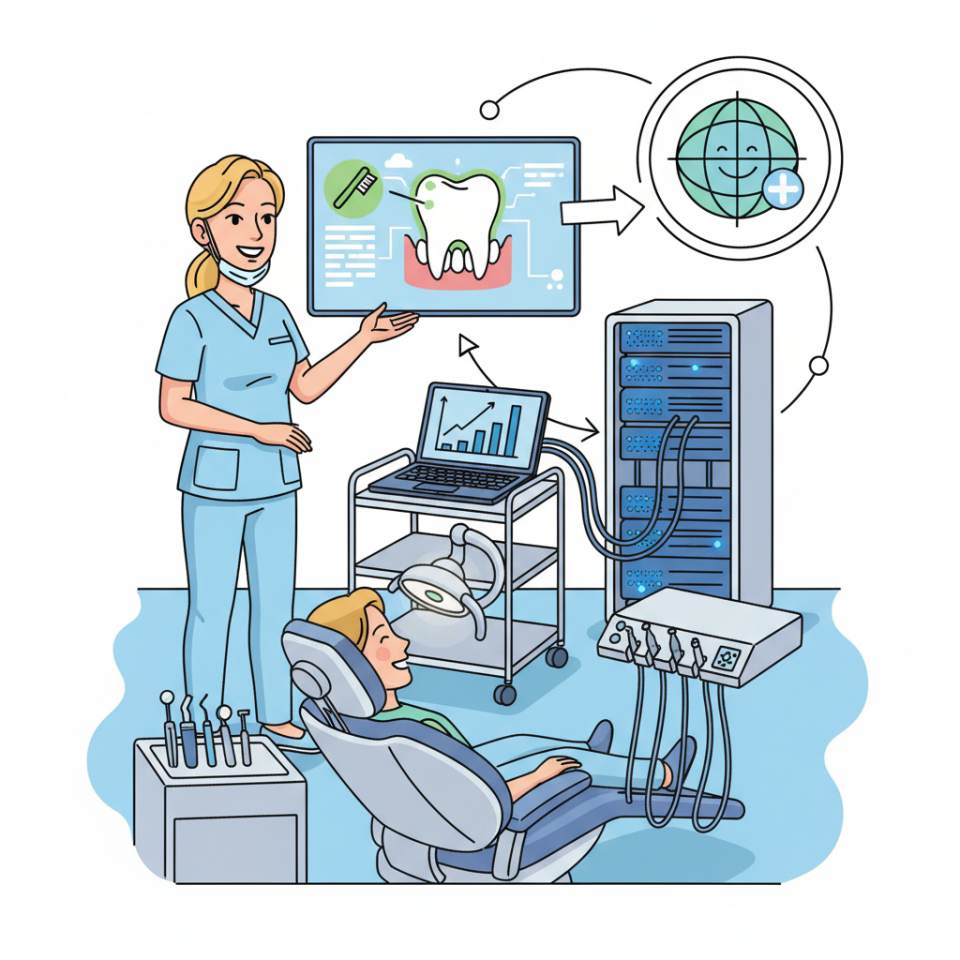 Comic illustration of a dental hygienist with mouth mirror and prophylaxis instruments at the treatment chair