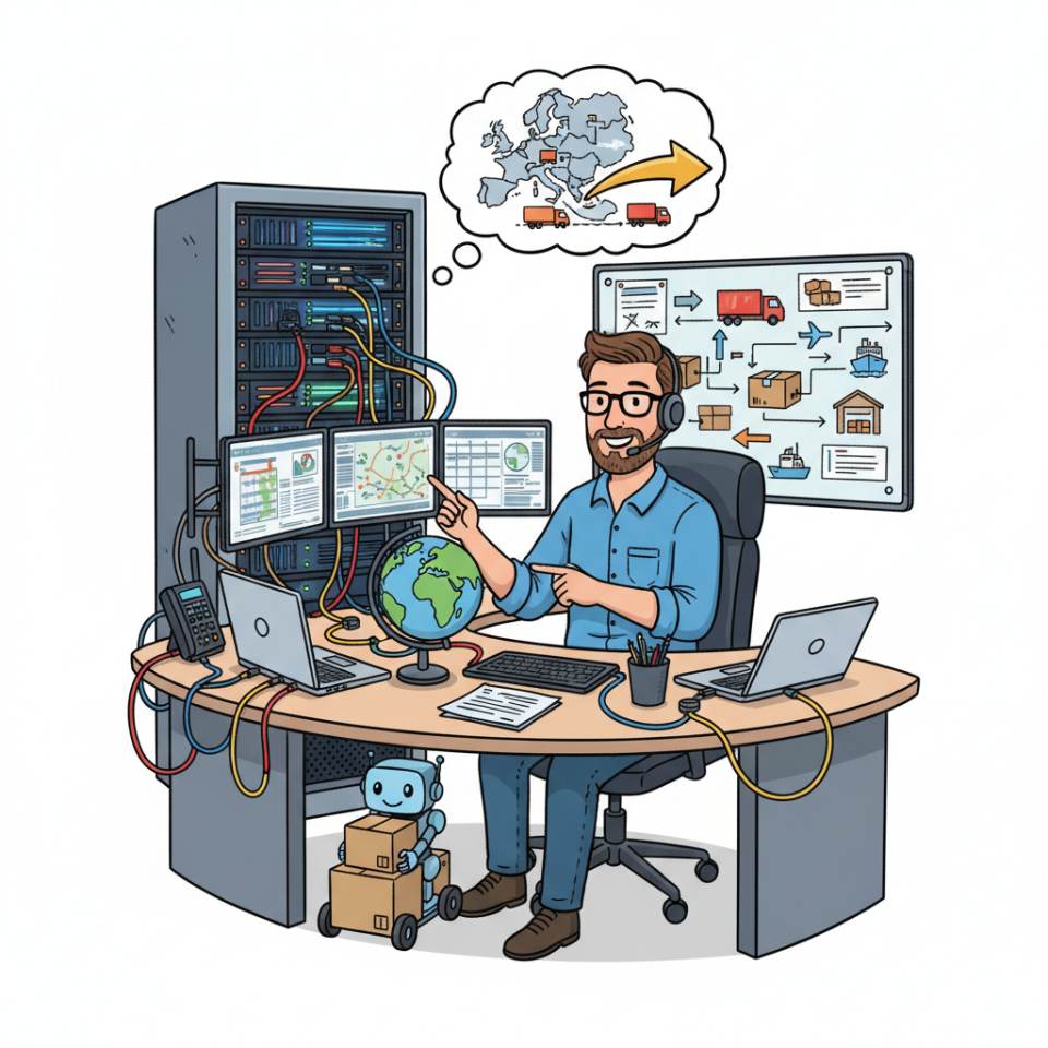 Comic illustration of a dispatcher at a control desk with tour plan, screens and truck icons