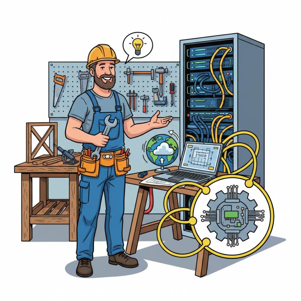 Comic illustration of a craftsman with tools and hard hat in a workshop and on a construction site