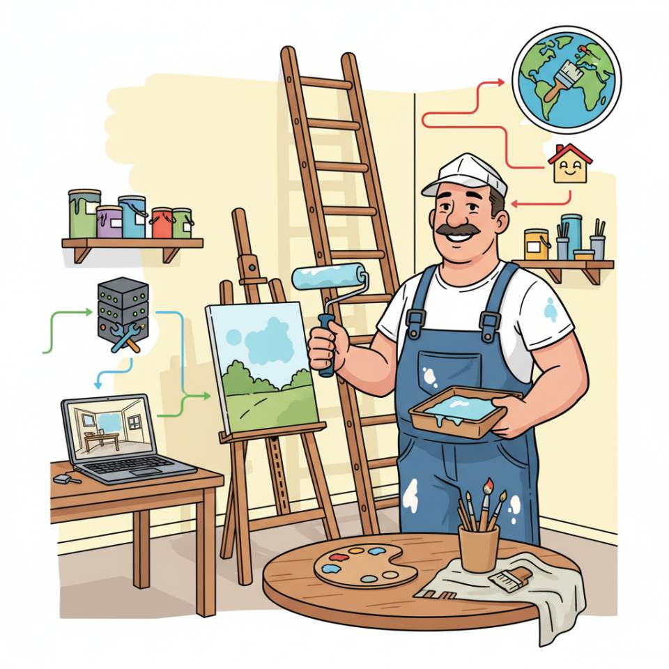 Comic illustration of a painter with a roller and paint bucket painting a wall on a construction site