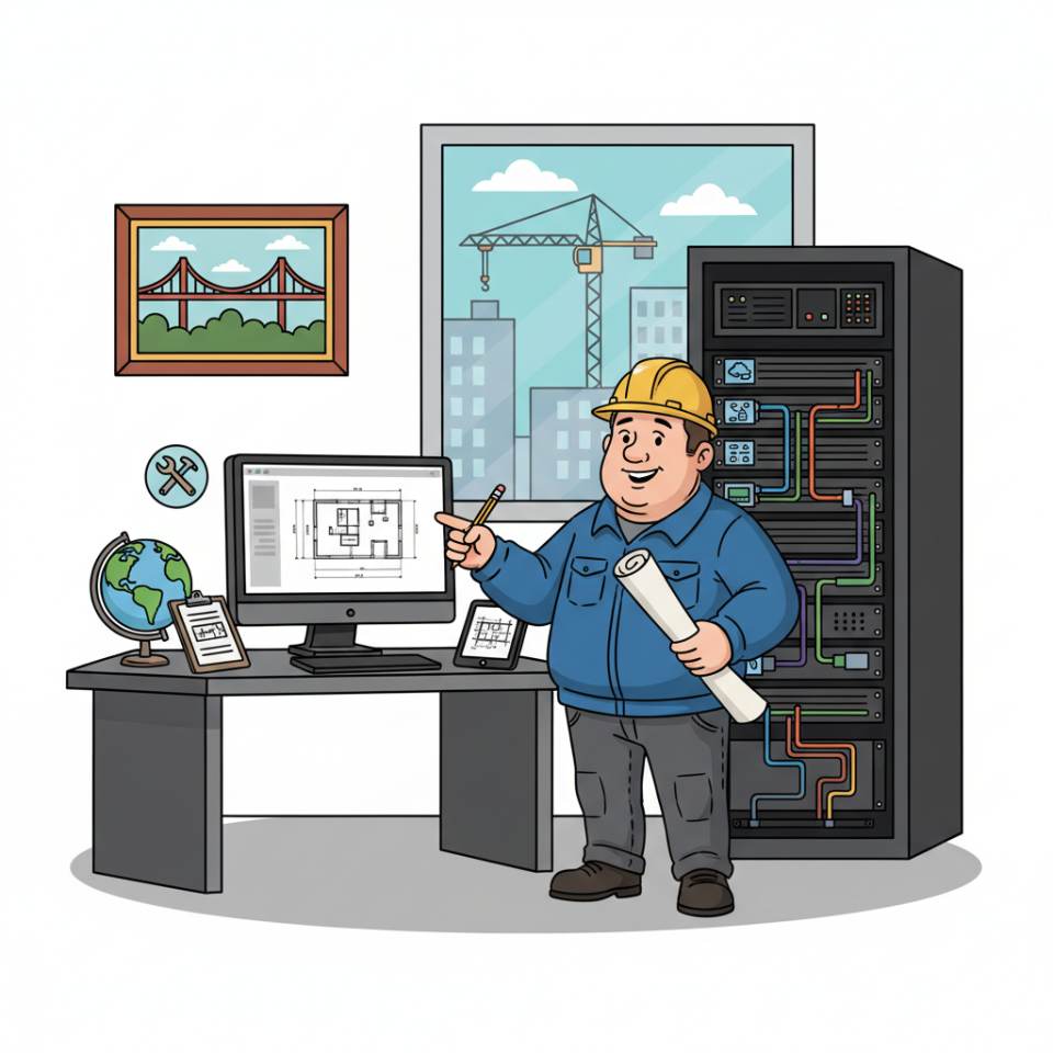 Comic illustration of a construction foreman with hard hat, plans and radio coordinating a site crew on a building site