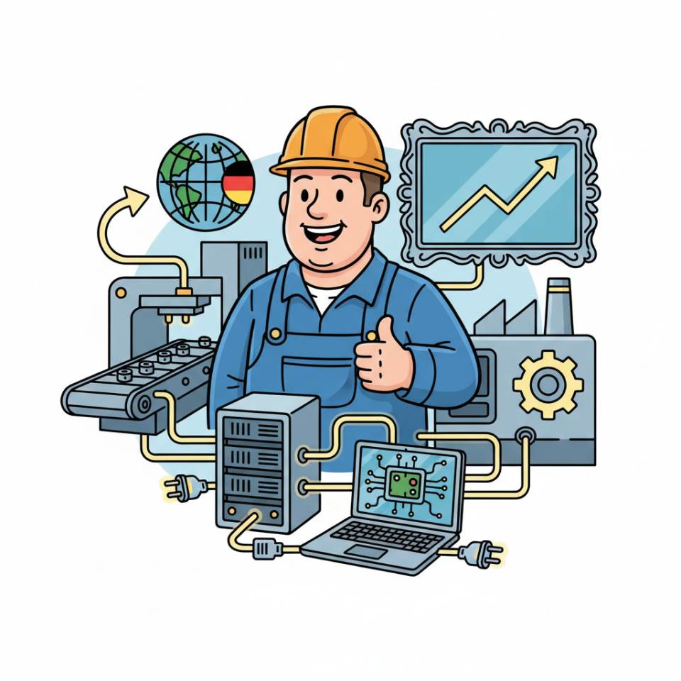 Comic illustration of a production helper with a high-visibility vest and hearing protection on a production line in a factory hall