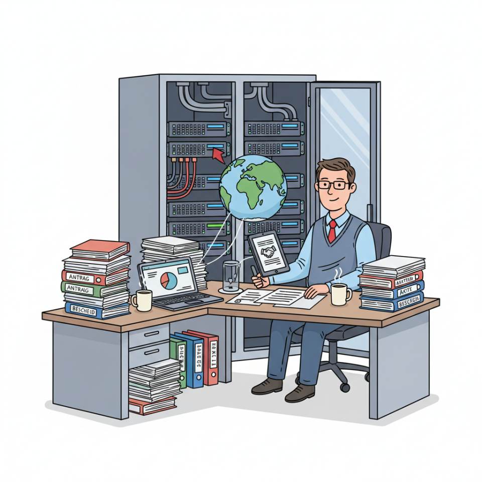 Comic illustration of a clerk at a desk with laptop, file folder, stamp and forms