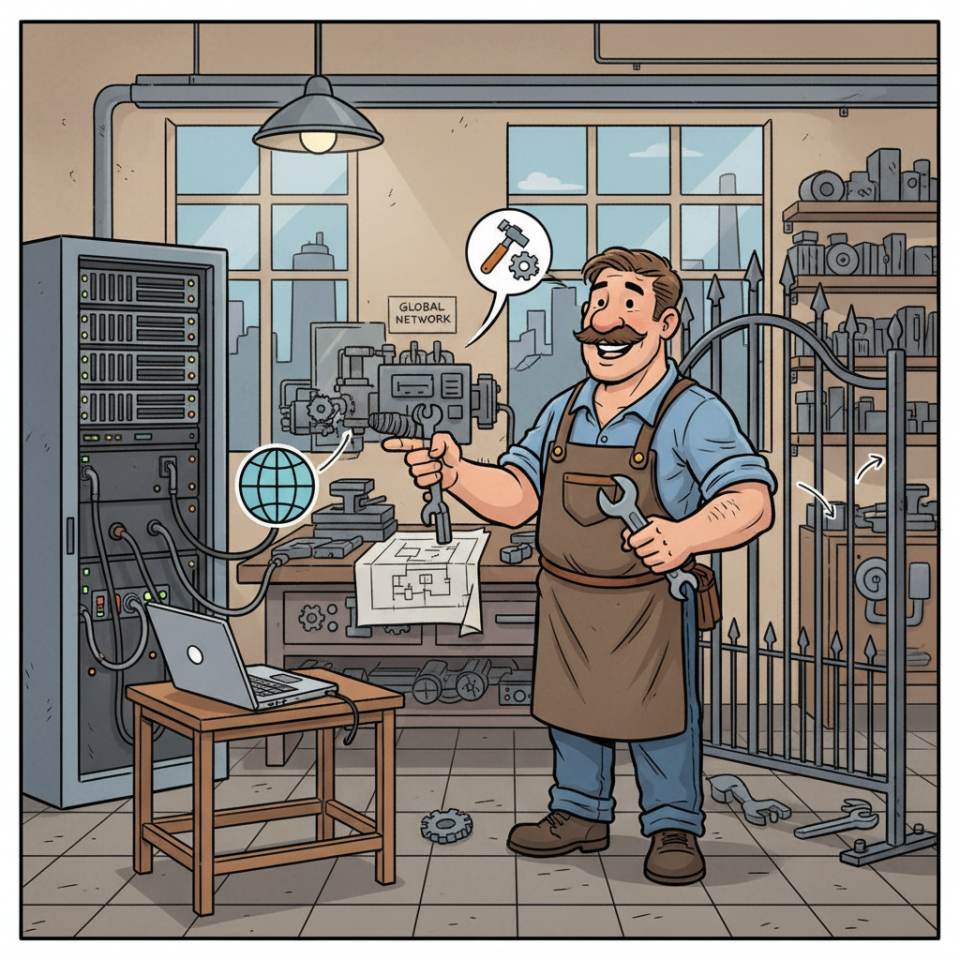 Comic illustration of a locksmith with safety goggles and tools at a metal frame in a metal workshop