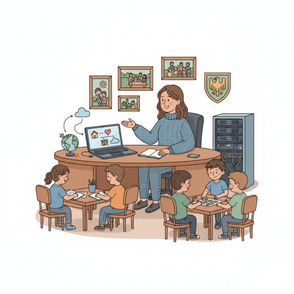 Comic illustration of a social pedagogue leading a group activity with young people in a youth centre