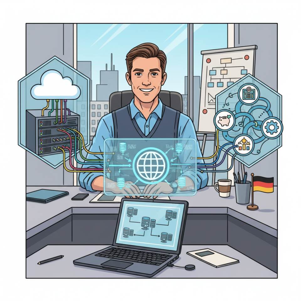 Comic-style illustration of a business informatics specialist with laptop, process diagram and digital interfaces in a modern office