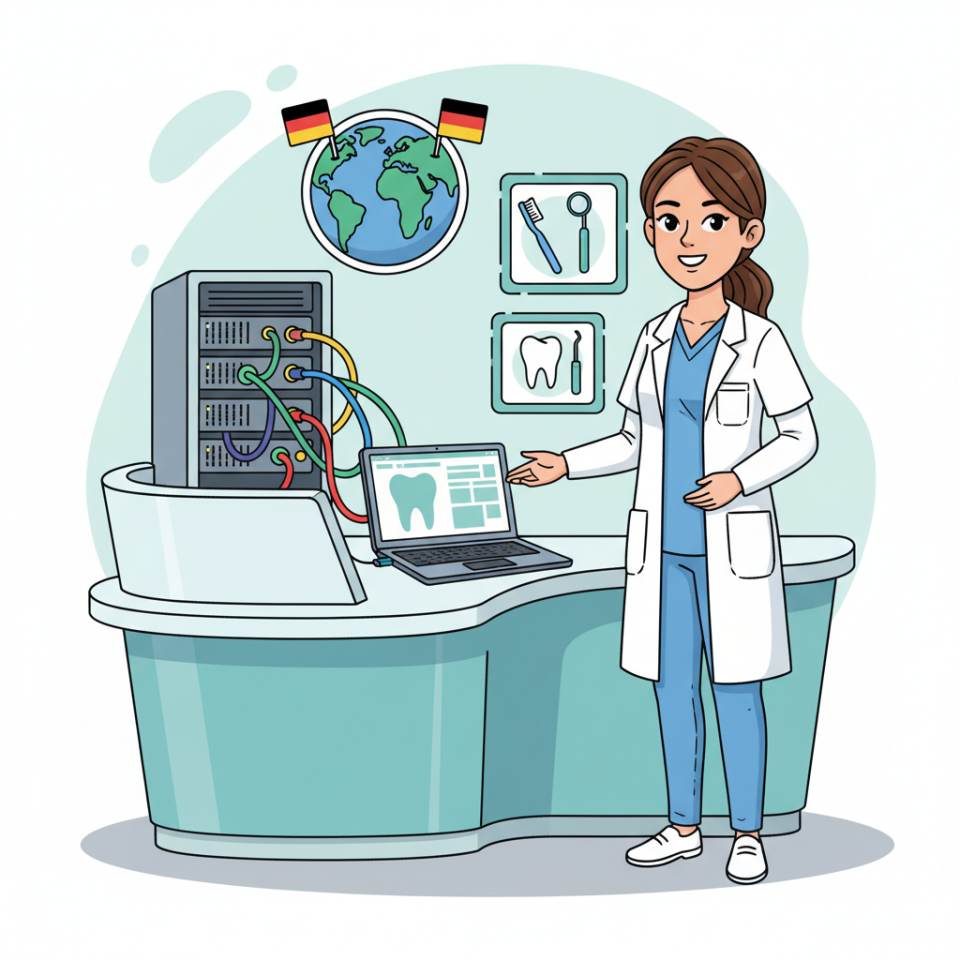 Comic illustration of a dental assistant with an instrument tray and patient file in a dental practice