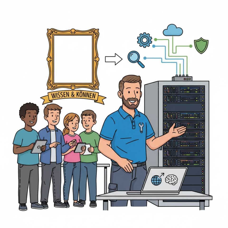 Ilustración tipo cómic de un formador de empresa con un aprendiz en el banco de trabajo, plan formativo y herramientas