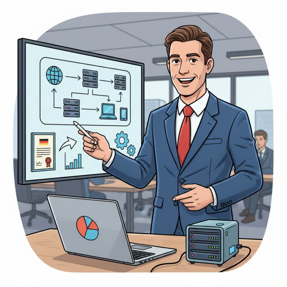 Ilustración cómic de un consultor con portátil, bloc de notas y diapositivas hablando con clientes