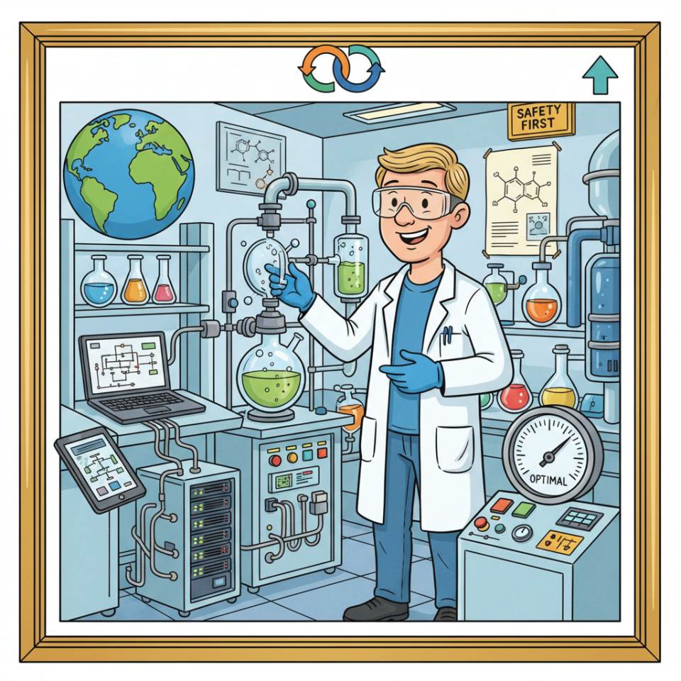 Ilustración cómic de un operador de planta química con casco y gafas de protección frente a una planta de producción química