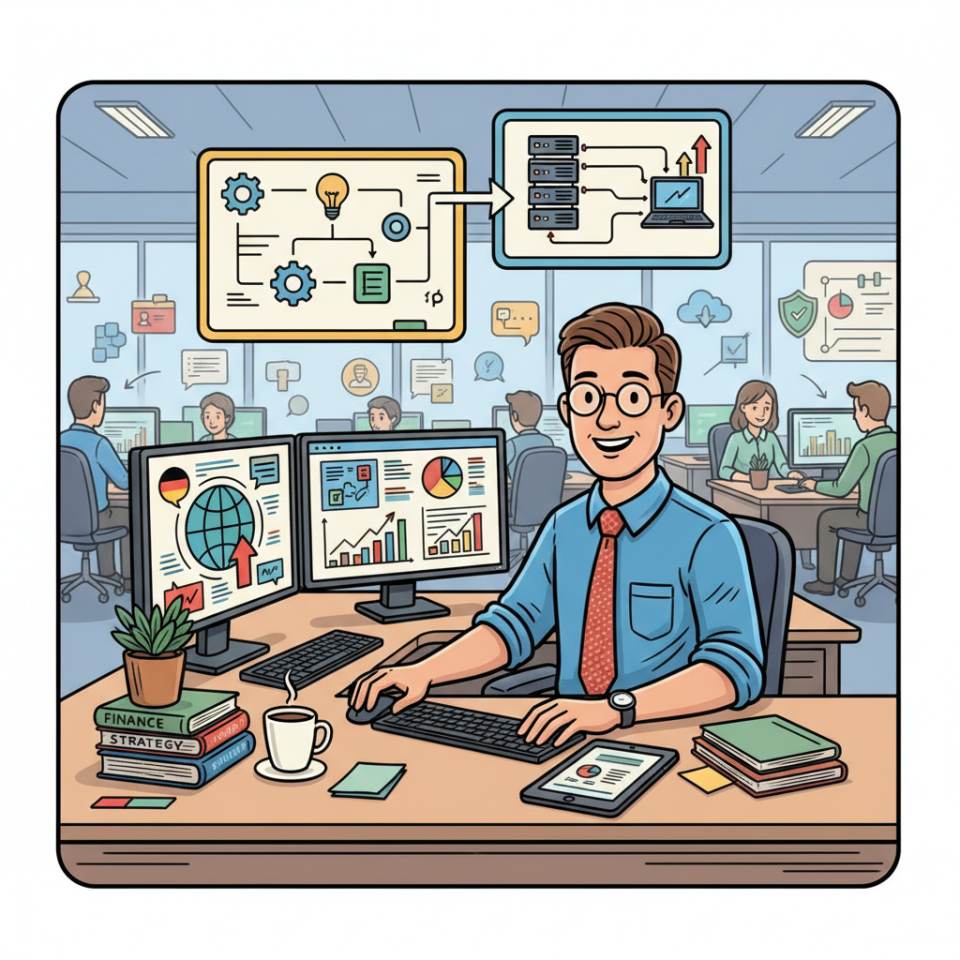 Ilustración cómic de un controller con dashboard, gráficos, portátil e informes financieros en el escritorio