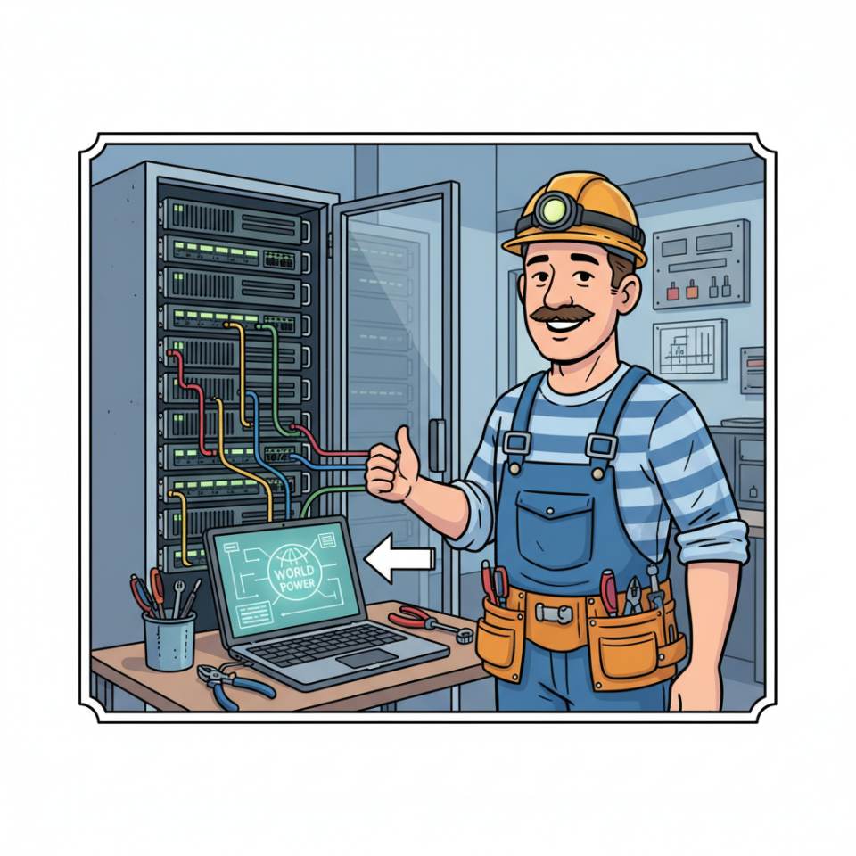 Ilustración cómic de un electricista con herramientas y un esquema delante de una instalación eléctrica moderna