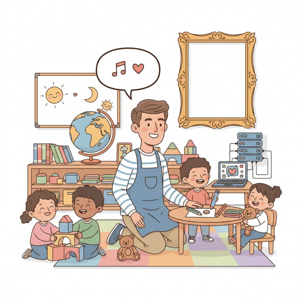 Ilustración tipo cómic de un educador jugando y haciendo manualidades con niños en una guardería