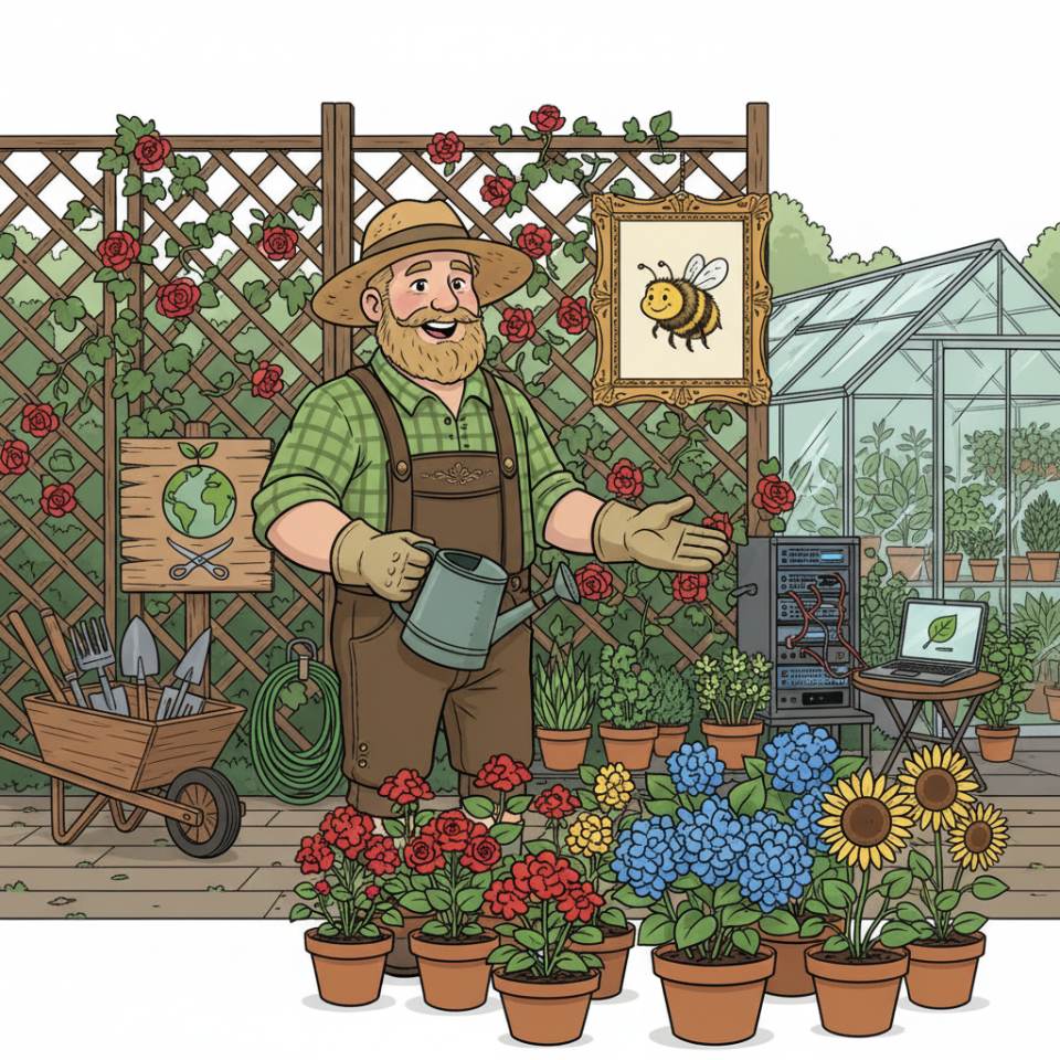 Ilustración tipo cómic de un jardinero con pala y plantas en una zona verde