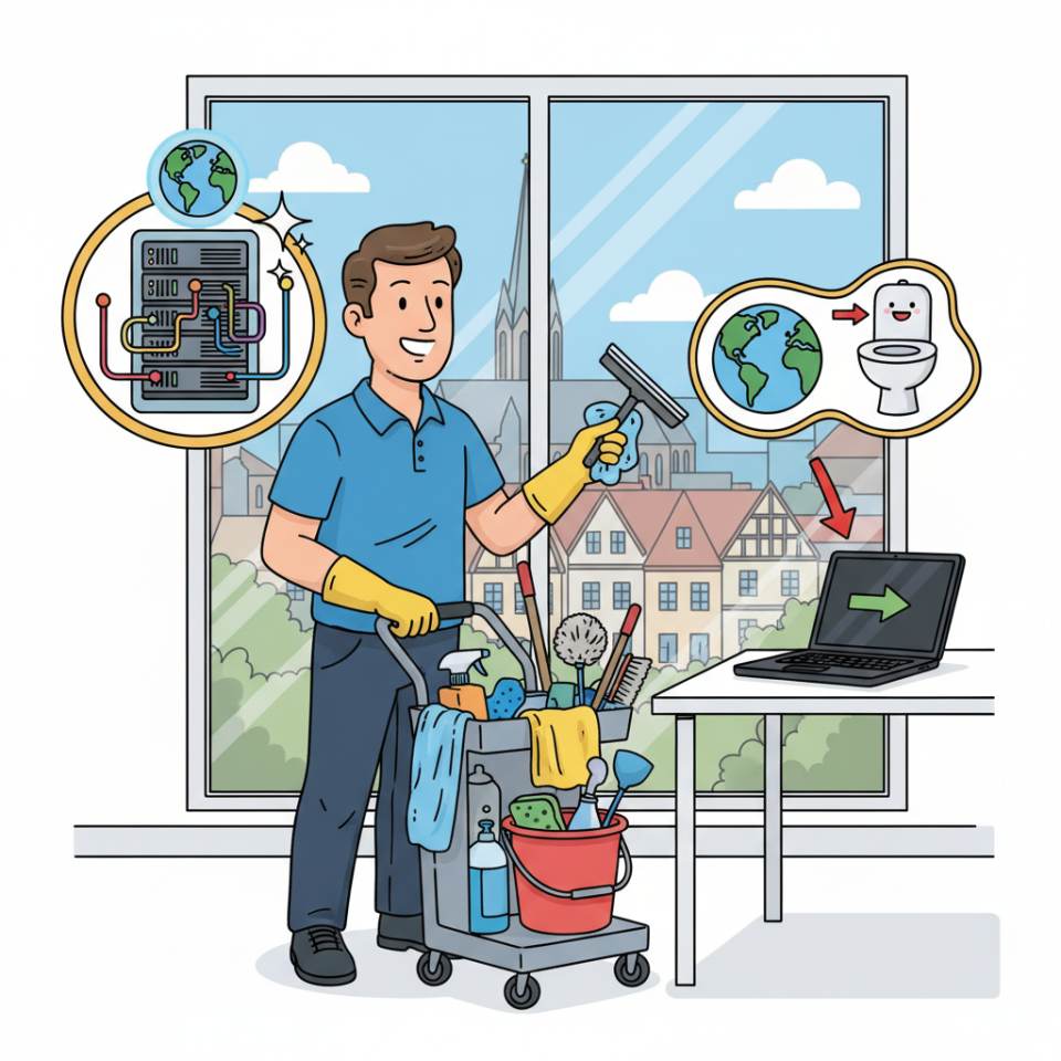 Ilustración tipo cómic de un limpiador de edificios con carro de limpieza y mop en un pasillo de oficina luminoso