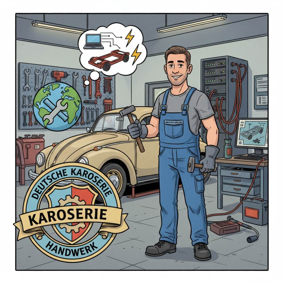 Ilustración tipo cómic de un mecánico de carrocería con banco de enderezado, sistema de medición y una carrocería en el taller