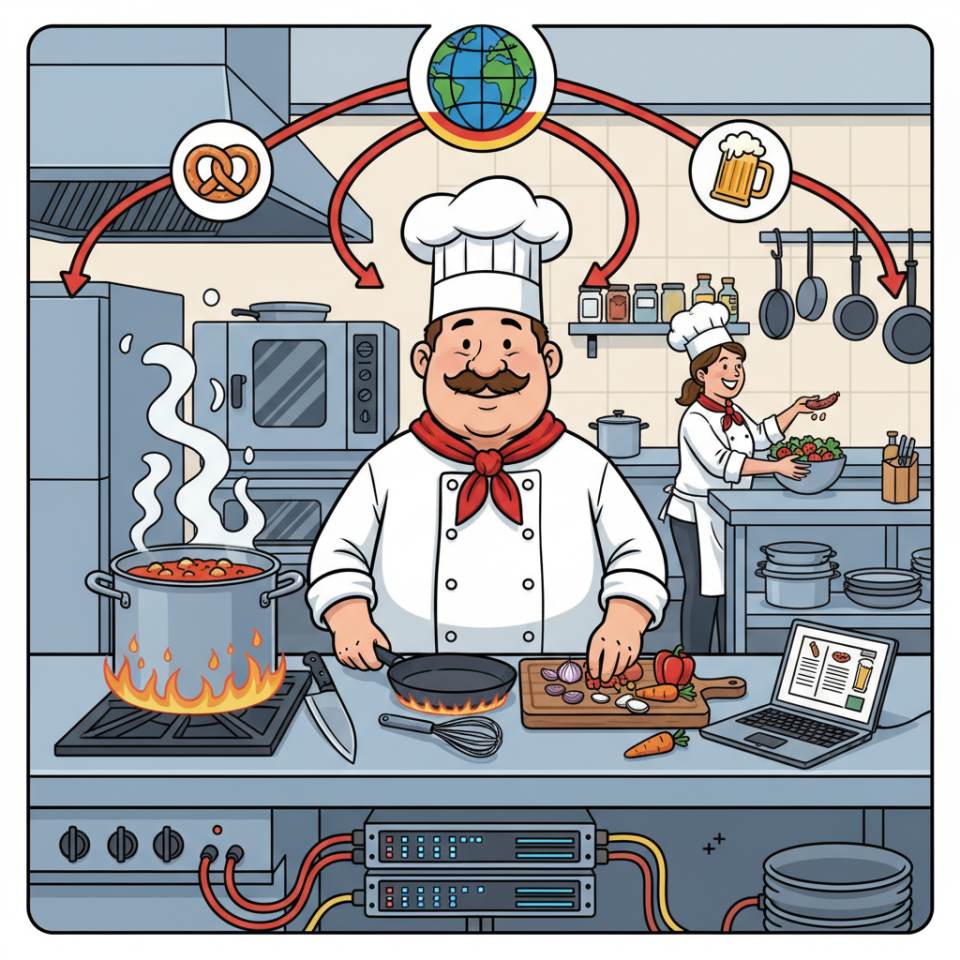Ilustración tipo cómic de un cocinero en la cocina con gorro, sartén, ingredientes frescos y fogón