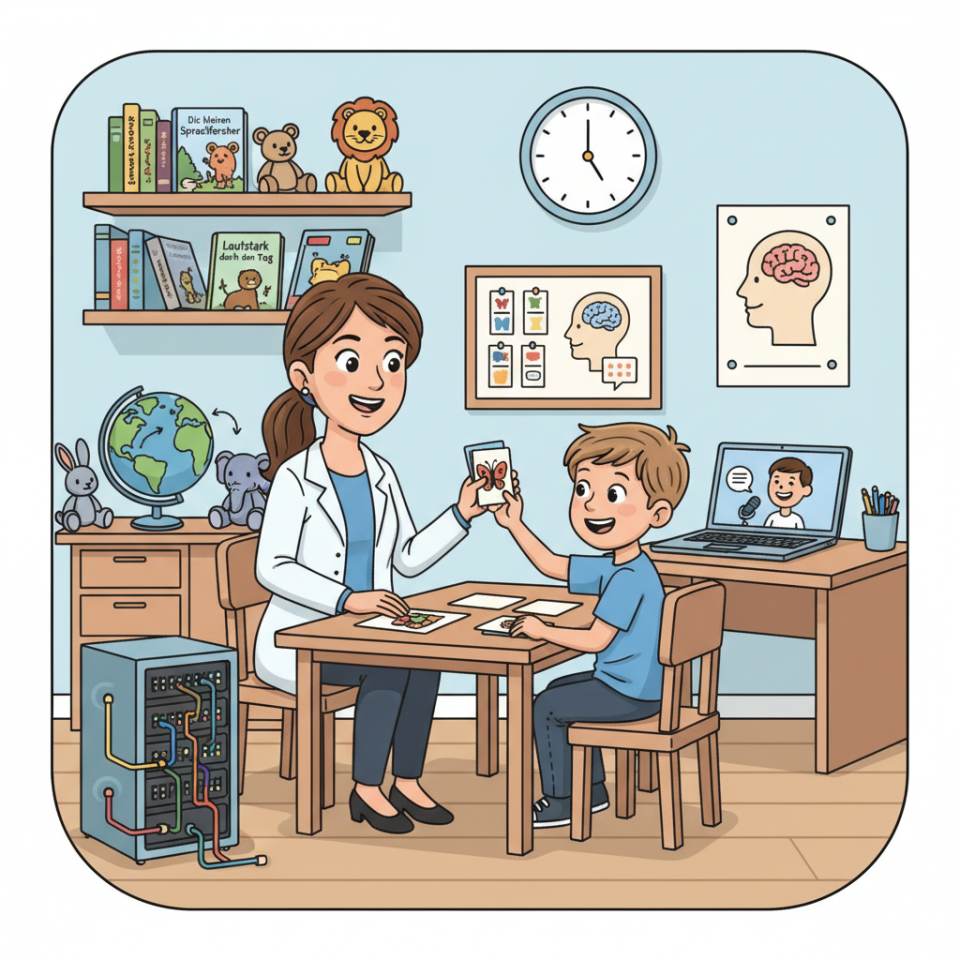 Ilustración cómic de un logopeda con un niño y materiales de ejercicio en una consulta