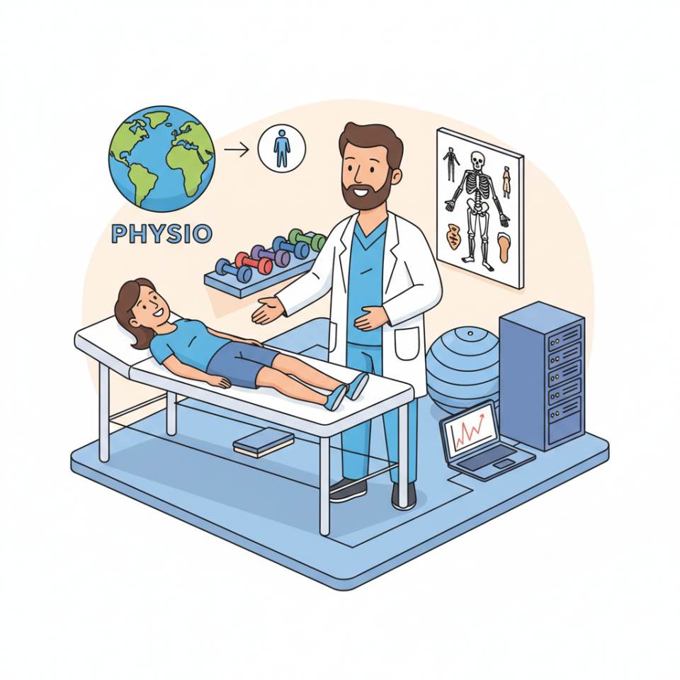 Ilustración cómic de un fisioterapeuta tratando a un paciente en la camilla de terapia