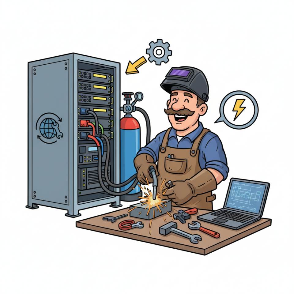 Ilustración tipo cómic de un soldador con casco protector y antorcha de soldadura junto a una estructura de acero en el taller