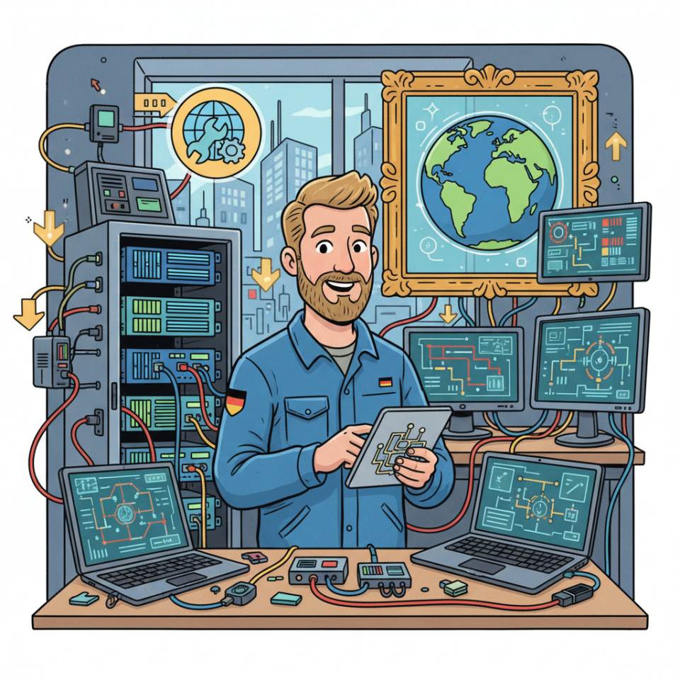 Ilustración tipo cómic de un técnico de servicio con herramientas y dispositivo de diagnóstico manteniendo una instalación en el cliente