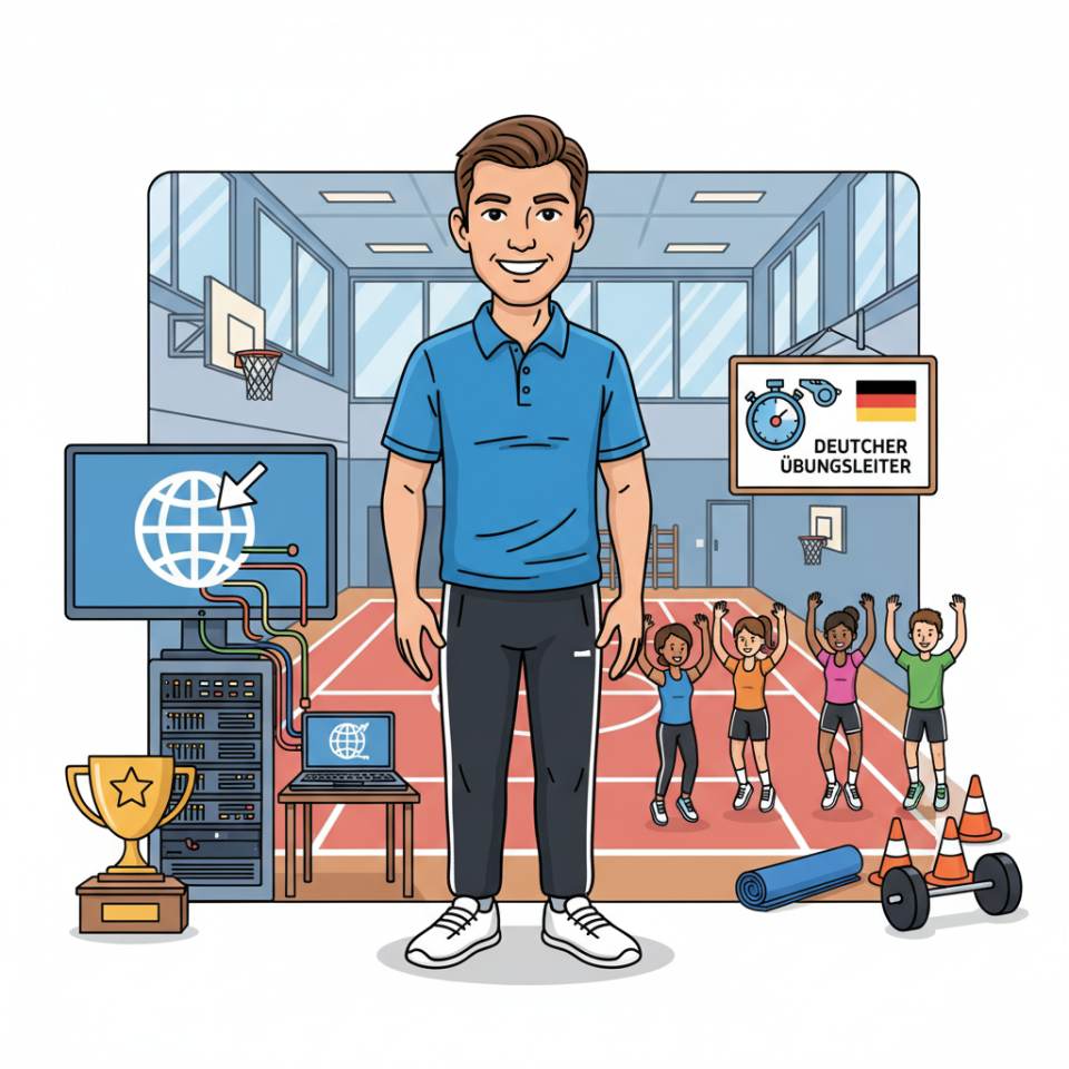 Ilustración cómica de un monitor deportivo con plan de entrenamiento guiando a un grupo deportivo en el pabellón del club