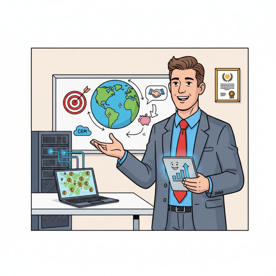 Ilustración cómic de un comercial con portátil, oferta y asesoramiento al cliente en oficina y ventas de campo