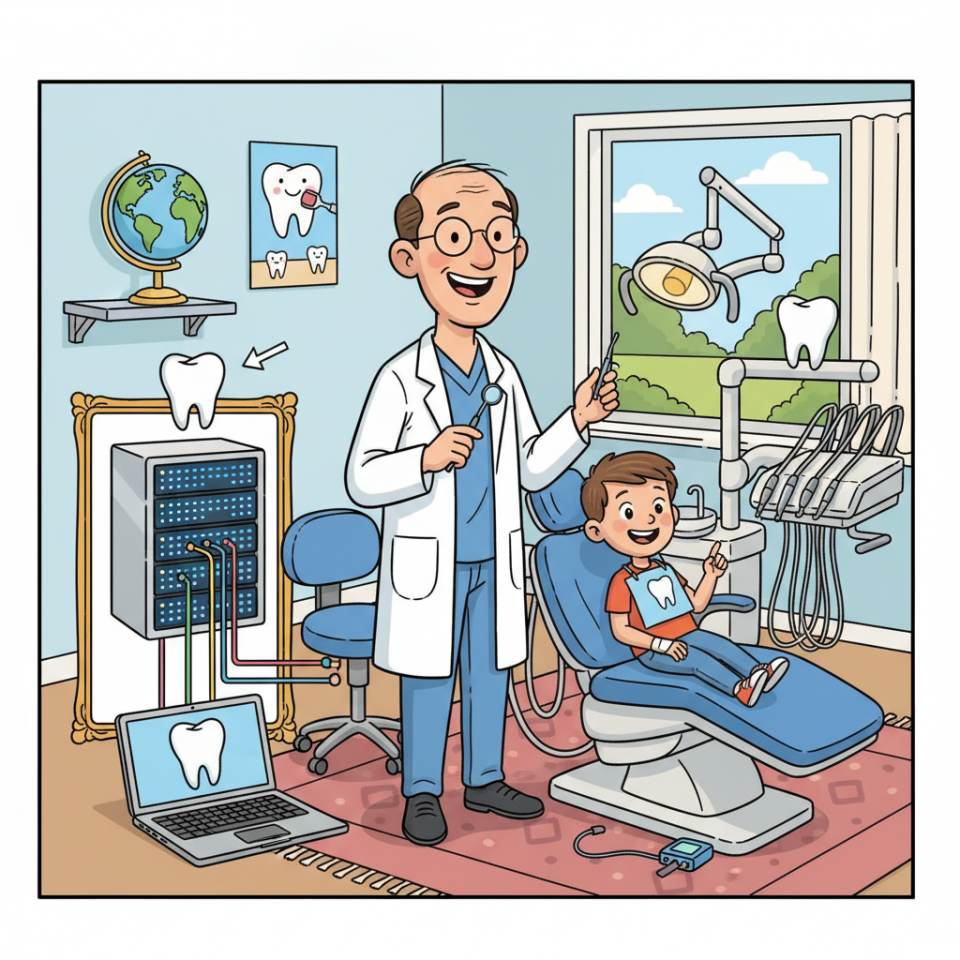 Ilustración tipo cómic de un dentista con espejo bucal y fresa en el sillón de tratamiento en una clínica luminosa