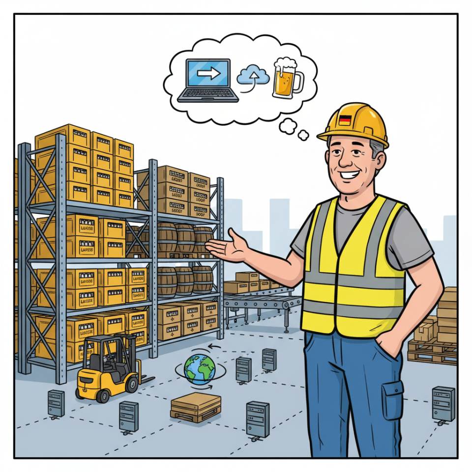 Yüksek raf deposunda uyarı yeleği ve tarayıcıyla forklift yanında duran bir depo görevlisinin çizgi roman tarzı tasviri