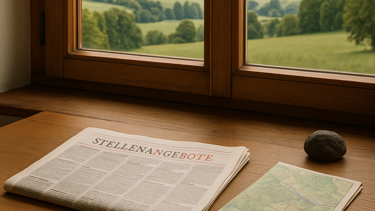 Newspaper with job offers by a window overlooking the Niederrhein landscape